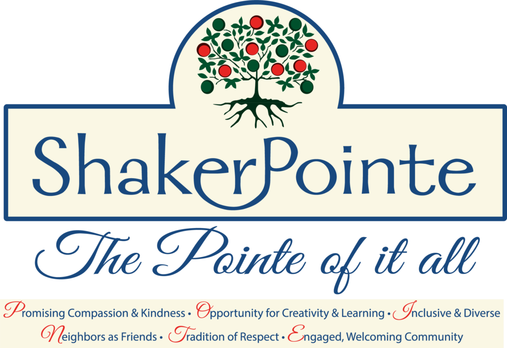 The Shaker Pointe at Carondelet Logo over the text: The Pointe of it all. Promising compassion and kindness - Opportunity to Creativity & Learning - Inclusive & Diverse - Neighbors as Friends - Tradition of Respect - Engaged, Welcoming Community 