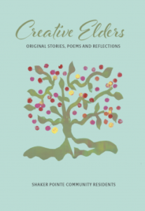 The cover of Creative Elders: Original Stories, Poems and Reflections. The cover is blue with green writing and a green tree of life bearing orange, pink, and yellow fruit.